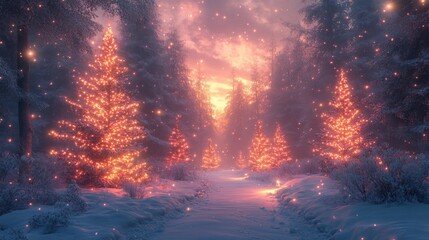 Snowy Forest with Christmas Lights. Generative AI