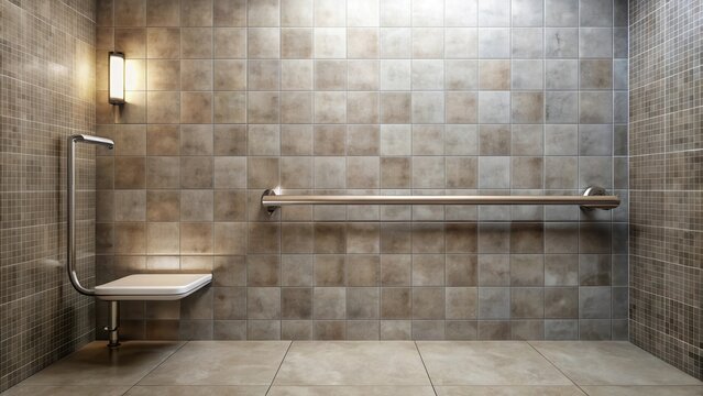 Accessible Shower Design Modern Tiled Walls, Integrated Grab Bar and Fold-Down Seat