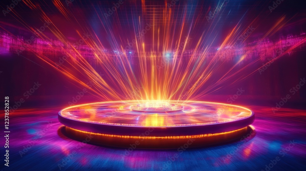 Poster neon glowing circular platform with dynamic light rays