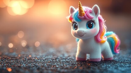 Cute plush unicorn with colorful mane on a bokeh background. Generative AI