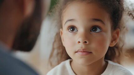 A Close-Up of a Young Girl with Curly Hair Gazing Intently at an Adult, Capturing a Moment of Connection and Attention in a Warm, Cozy Environment
