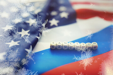 American and Russian flag. US sanctions against Russia. Aggravation and freezing of diplomatic...
