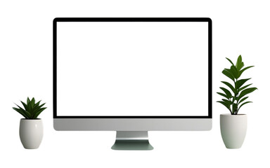 Minimalist Desktop Computer Display with Green Plants in White Pots on Transparent Background
