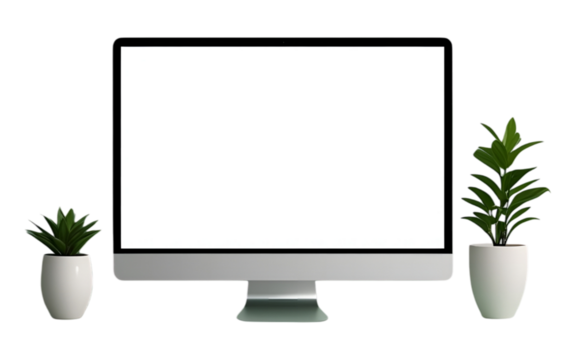 Minimalist Desktop Computer Display with Green Plants in White Pots on Transparent Background
