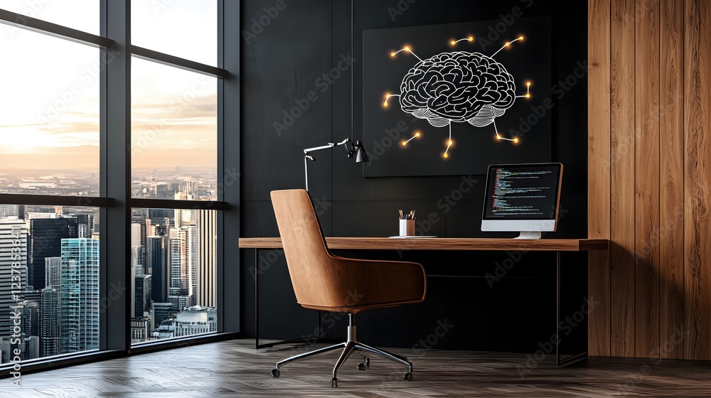 Poster modern city view office workspace with brain artwork and computer code