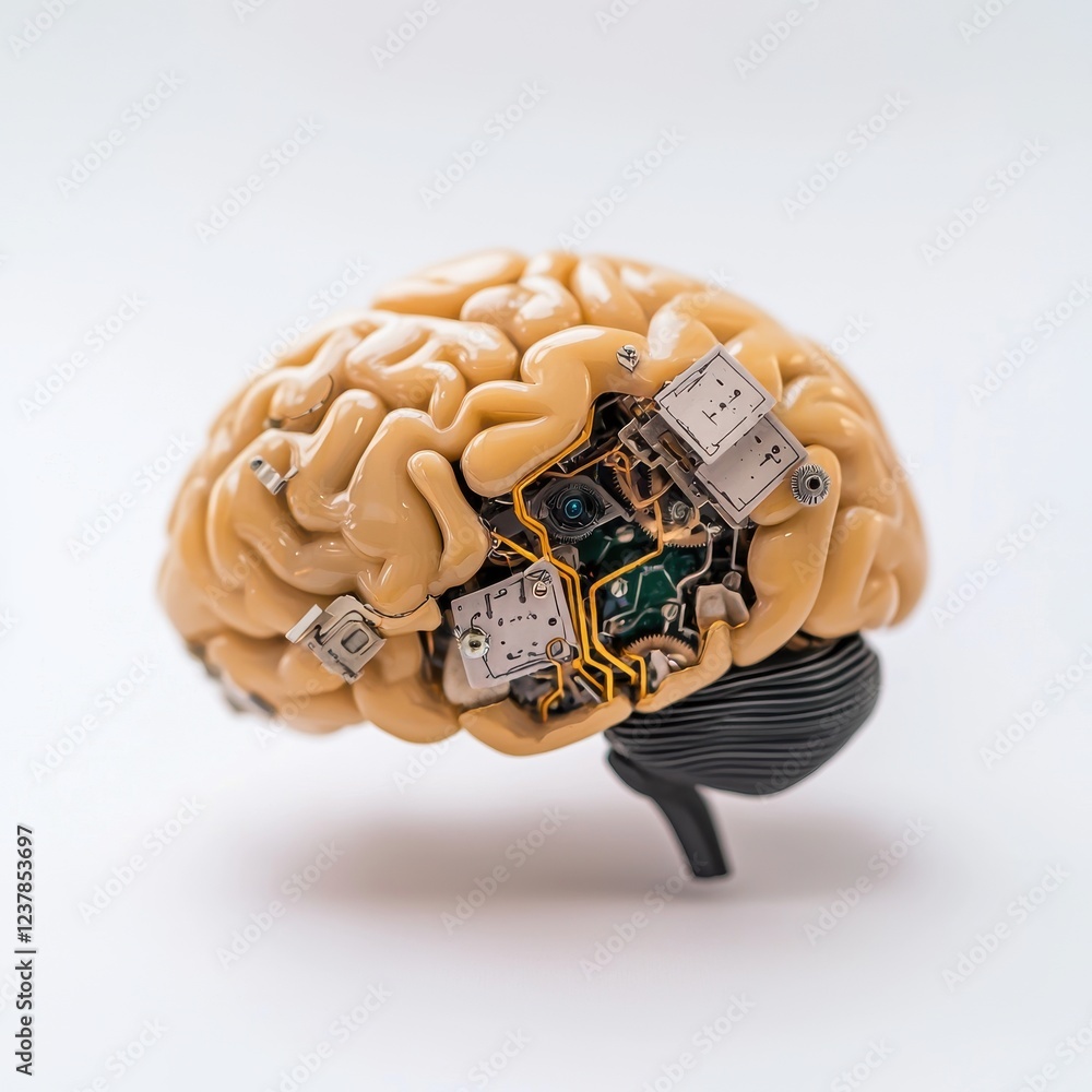 Poster decisions clock work concept. artificial brain model with electronic circuits inside, symbolizing te