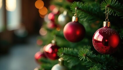 Fototapeta premium Colorful festive red and white glass ornaments hung on the branches of a tall evergreen tree, holiday, red, decorated