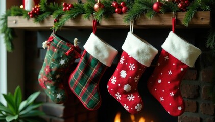 Colorful Christmas stockings hang from a wooden beam amidst lush greenery, wood, rustic charm, christmas decorations