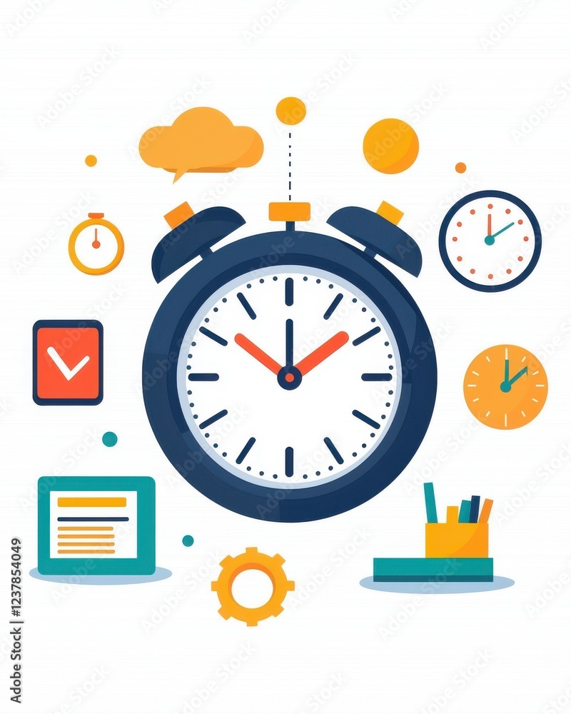 Poster decisions clock work concept. colorful illustration of clocks and a stopwatch representing time mana