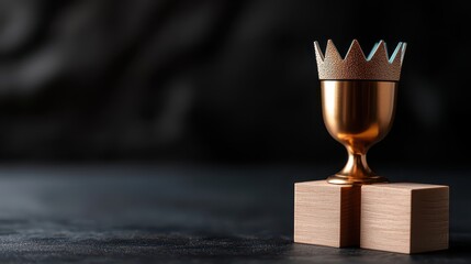 A golden trophy with a crown design sits on a wooden block, symbolizing achievement and celebration.