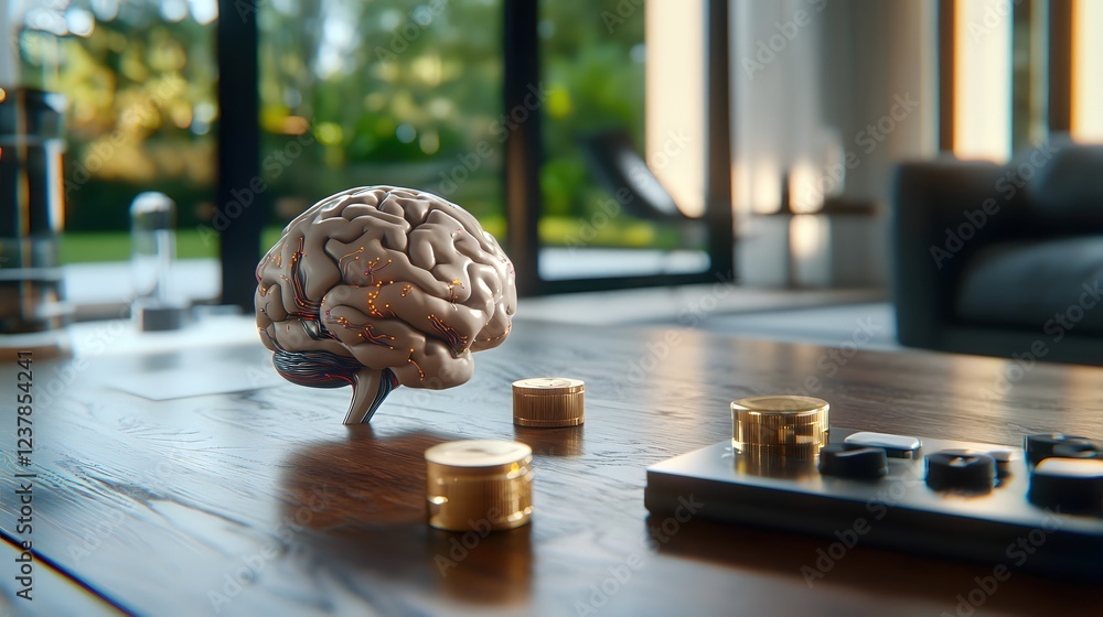 Aufkleber modern brain model on wooden table with controls artificial intelligence concept