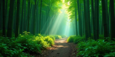 Obraz premium Forest trail winding through misty bamboo forest, trees, verdant