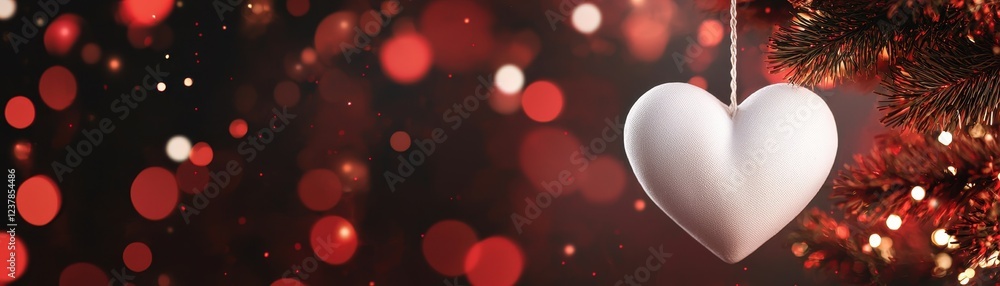 Poster white heart hanging on a string surrounded by soft red and gold bokeh lights in a festive setting