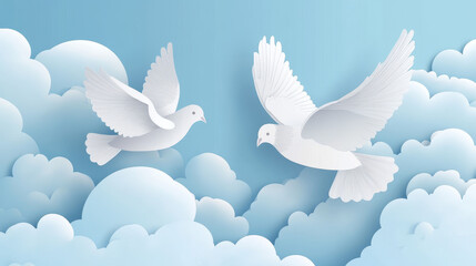 White dove and pigeon, paper cut birds flying in sky clouds frame, vector background. Freedom, faith or happiness and dream papercut banner with dove or pigeon bird in paper cutout layers