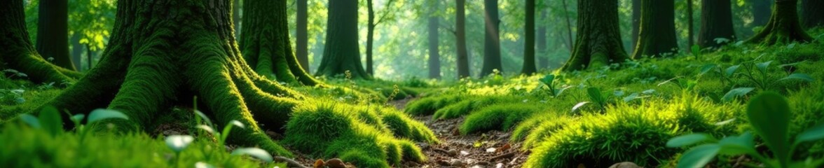Moss carpets forest floor beneath towering trees emerald canopy, forest, moss