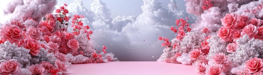 Fototapeta premium Delicate Pink Stage Surrounded by Blooming Roses and Soft Clouds for Dreamy Floral Background