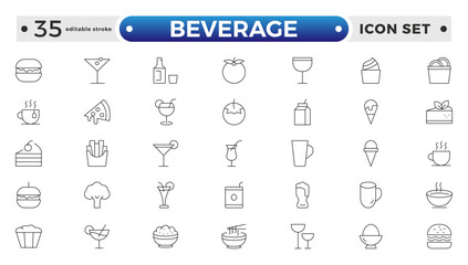 Soft Drinks and Beverage Outline Icon Pack. Contains Icons of Beer, Cocktail, Bottle that Can Be Used for Design of Cards, Posts, Apps, Web Sites. Editable stroke outline icon.

