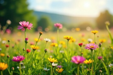 Pink and yellow wildflowers in a sun-drenched meadow, blossom, flowers