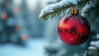 Obraz premium Red dot on snow-covered Christmas tree branch, ornament, frosty