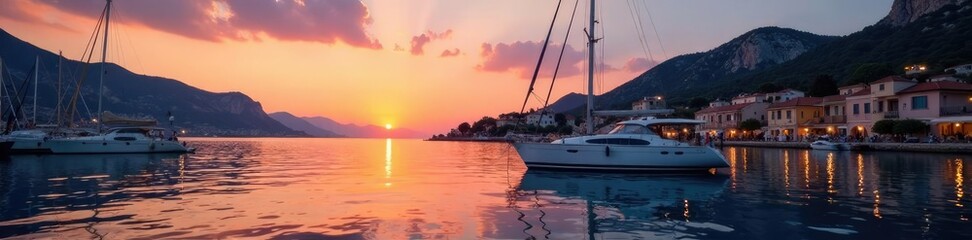 Fototapeta premium Sailboat anchored in Soller Port Mallorca harbor at dawn, soller, port, yacht
