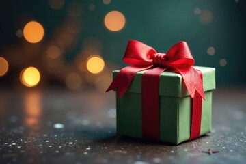 single gift box with a bow on a textured background, , holiday, bokeh