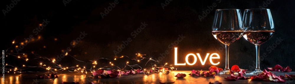 Poster romantic glowing backdrop with illuminated love text and wine glasses creating a softly lit atmosphe