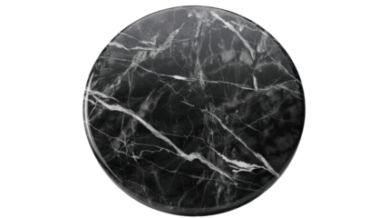 Round black marble surface with white veins on transparent background
