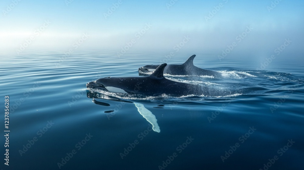 Poster a pod of majestic whales breaks the surface, creating gentle ripples in the calm water under a clear