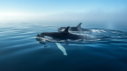 Fototapeta premium A pod of majestic whales breaks the surface, creating gentle ripples in the calm water under a clear sky. The stillness captures the beauty of nature's giants surfacing together in harmony