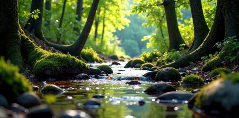 Fototapeta premium stream flowing through the forest under trees, branches, water, earthy tones