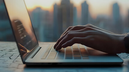 Person typing on laptop at sunset, city backdrop
