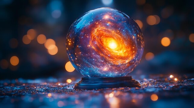 Glass sphere with a vibrant cosmic galaxy inside. Generative AI