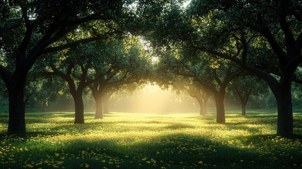 Serene sunlit forest with golden flowers and lush green trees creating a tranquil atmosphere
