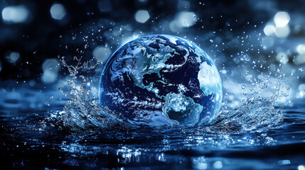 stunning depiction of Earth surrounded by splashes of water, showcasing beauty of our planet in vibrant blue setting