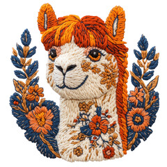 transparent background, PNG, A beautifully stitched alpaca, folk embroidery aesthetic, detailed needlework
