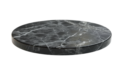 Round black marble podium on transparent background for product placement