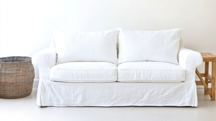 White Linen Sofa with Cushions in Minimalist Room