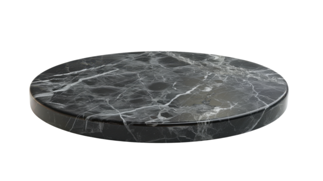 Round black marble podium on transparent background for product placement