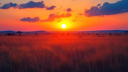 Fototapeta premium Vibrant sunset over a vast grassland landscape with silhouettes of distant hills and trees