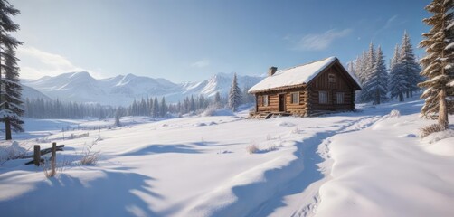 Snow-covered landscape with a rustic cabin in the distance, natural beauty, frozen lake, snow-clad trees