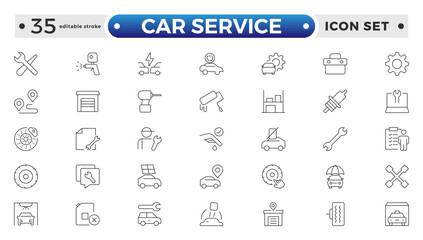 Auto service, car repair icon set. Car service and garage. Big collection: repair, maintenance, inspection, parts, units.Containing repair, maintenance, inspection. Editable stroke outline icon.