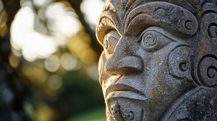 A close-up of a freshly carved stone sculpture at the Treaty Grounds, the texture of the stone highlighted by the soft afternoon sun, intricate details captured in the light