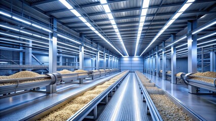 Fototapeta premium Modern Food Processing Facility Rows of Conveyors Transporting Agricultural Products Through a Clean and Efficient Industrial Setting