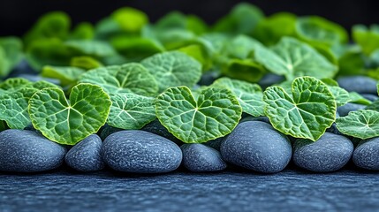 Green leaves rest on smooth dark grey stones