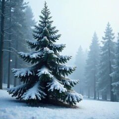 Snowflakes dance in the air around a majestic spruce tree, white, forest