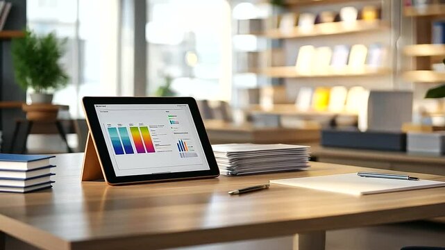 A serene and efficient workspace featuring brand guidelines and soothing lighting.