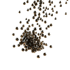 Caspian Sea caviar featuring fine black pearls, presented in a minimalistic fashion, showcasing the texture and richness of the caviar, isolated on white background