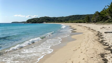 Obraz premium The gentle lapping of the waves against the sandy shores creates a soothing melody on a secluded beach at midday, landscape, solitude, scenery, beach