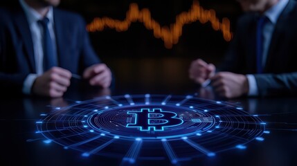 Naklejka premium Close-up of professionals discussing cryptocurrency on a digital interface with Bitcoin symbol and graph background.