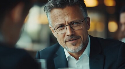 Engaging Dialogue in a Modern Workspace: A Thoughtful Businessman in Glasses Discusses Ideas with a Colleague in a Cozy, Contemporary Setting